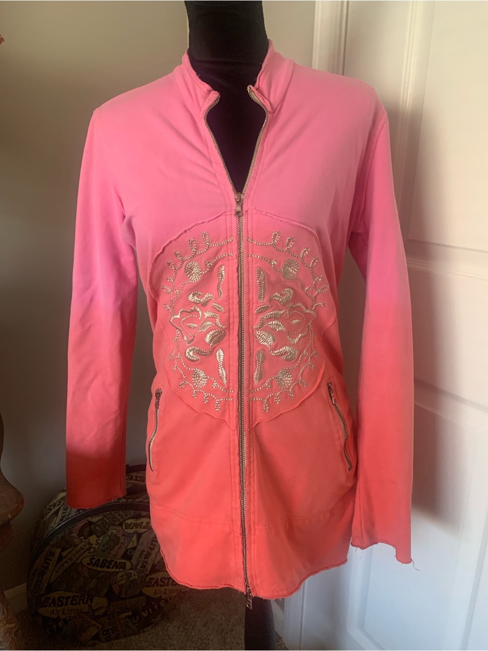 Boston Proper Pink to Coral Ombre Embellished Zip Jacket